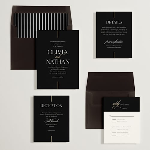 This is a black tie foil stamped wedding invitations with foil pressed by Jessica Williams called aligned printing on signature in standard