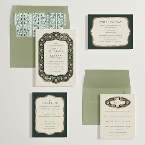 This is a emerald foil stamped wedding invitations with foil pressed by Jen Owens called frame printing on signature in standard