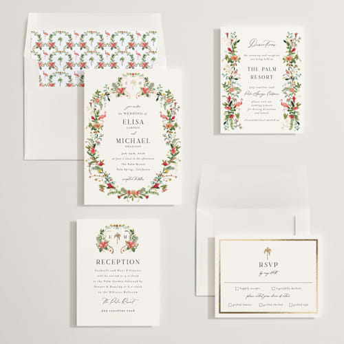 This is a papaya foil stamped wedding invitations with foil pressed by Susan Moyal called tropica printing on signature in standard