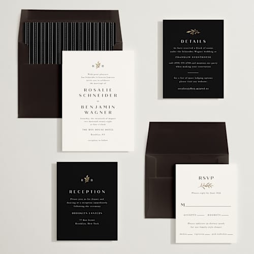 This is a black dahlia foil stamped wedding invitations with foil pressed by Olivia Raufman called petite sprig printing on signature in standard