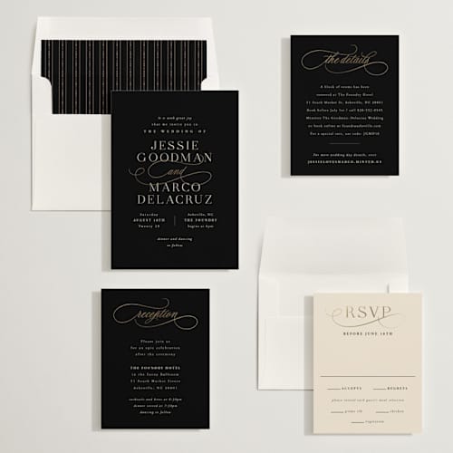 This is a onyx foil stamped wedding invitations with foil pressed by Hooray Creative called black tie affair printing on signature in standard