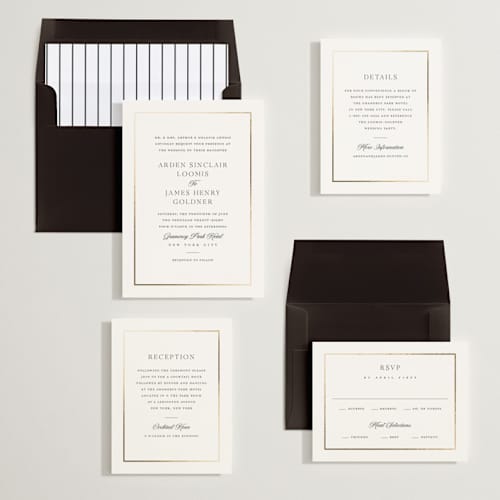 This is a pearl foil stamped wedding invitations with foil pressed by Stacey Meacham called opulence printing on signature in standard