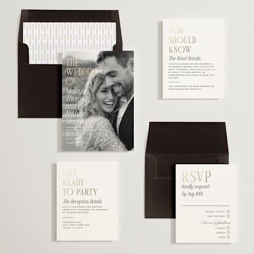 This is a lace foil stamped wedding invitations with foil pressed by Kaydi Bishop called magazine printing on recycled smooth signature in standard