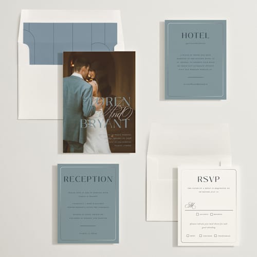 This is a slate foil stamped wedding invitations with foil pressed by Christie Garcia called loren printing on recycled smooth signature in standard