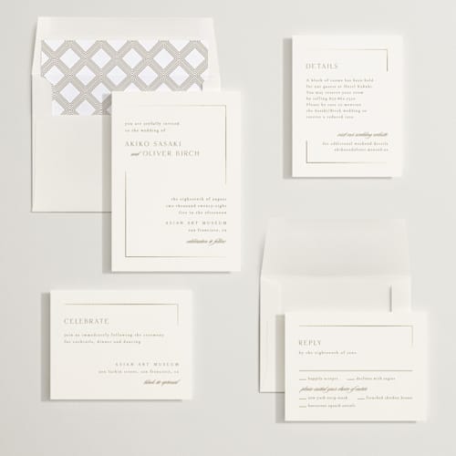 This is a quartz foil stamped wedding invitations with foil pressed by Kristie Kern called the gallery printing on signature in standard