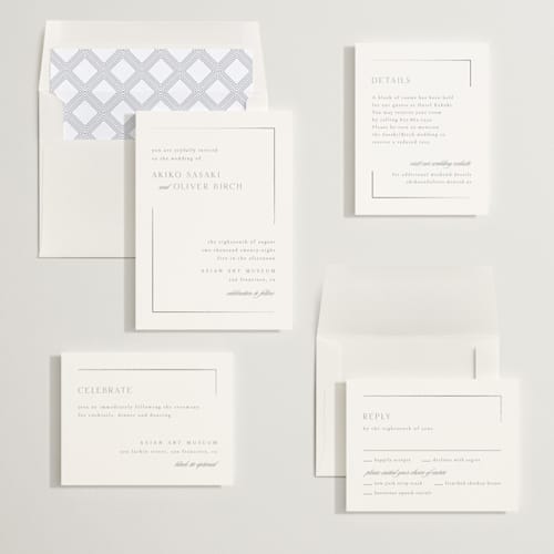 This is a platinum foil stamped wedding invitations with foil pressed by Kristie Kern called the gallery printing on signature in standard