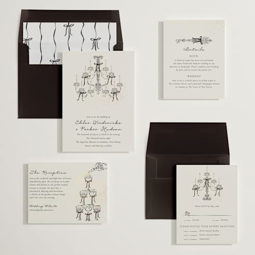 This is a noir foil stamped wedding invitations with foil pressed by Jackie Crawford called hand illustrated whimsical chandelier printing on signature in standard