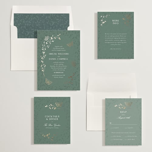 This is a eucalyptus foil stamped wedding invitations with foil pressed by Simona Camp called southern romance printing on signature in standard