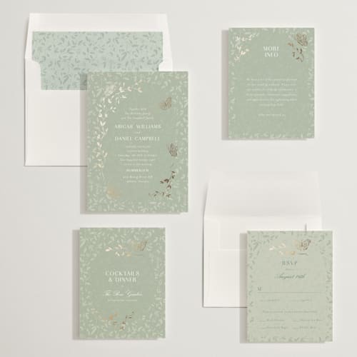 This is a pistachio foil stamped wedding invitations with foil pressed by Simona Camp called southern romance printing on signature in standard