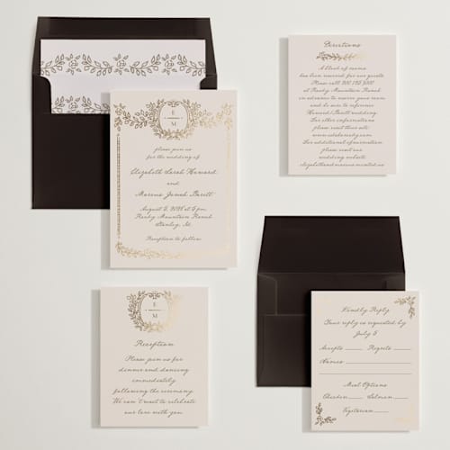 This is a vanilla foil stamped wedding invitations with foil pressed by Petra Kern called manuet printing on signature in standard