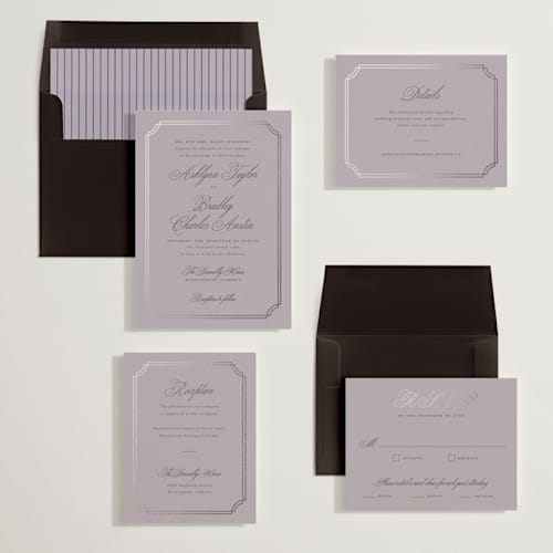 This is a dusty lilac foil stamped wedding invitations with foil pressed by Sarah Brown called formally printing on signature in standard