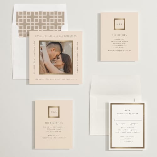 This is a latte foil stamped wedding invitations with foil pressed by Stacy Maalouf called framed photo printing on recycled smooth signature in standard