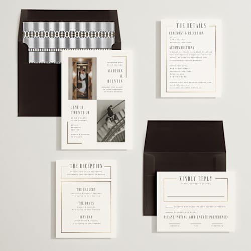 This is a lily foil stamped wedding invitations with foil pressed by Heather Schertzer called documentary printing on recycled smooth signature in standard