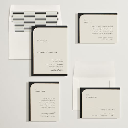 This is a black tie foil stamped wedding invitations with foil pressed by Carolyn Nicks called tuxedo printing on signature in standard