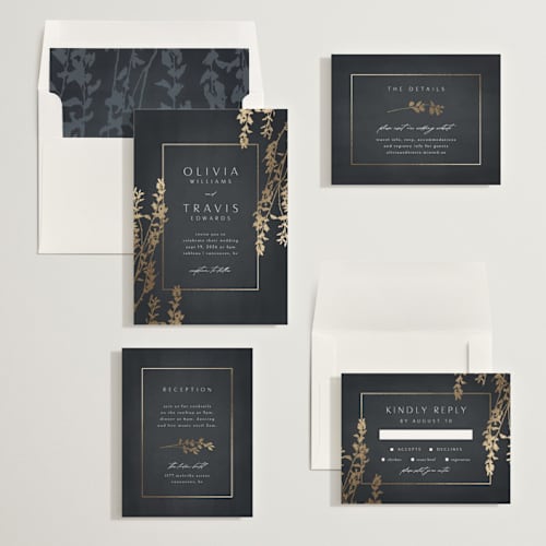 This is a navy foil stamped wedding invitations with foil pressed by Kelly Schmidt called quince printing on signature in standard