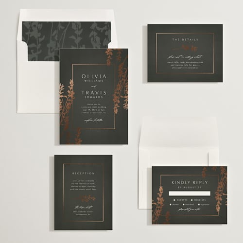 This is a ivy foil stamped wedding invitations with foil pressed by Kelly Schmidt called quince printing on signature in standard