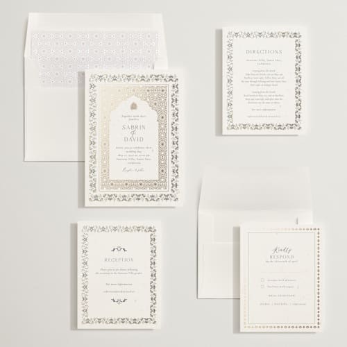 This is a sage foil stamped wedding invitations with foil pressed by Sabrin Deirani called islamic arch printing on signature in standard