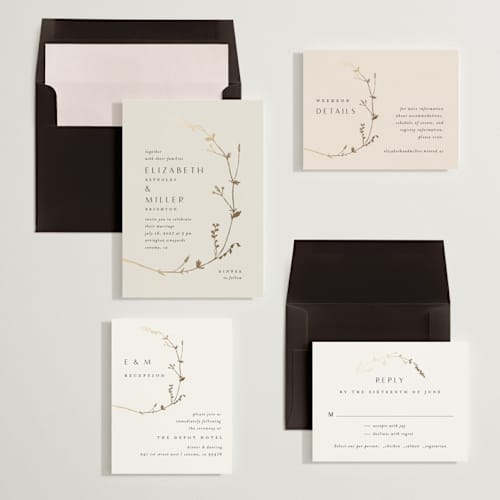 This is a cotton foil stamped wedding invitations with foil pressed by Amy Kross called vine wrap printing on signature in standard