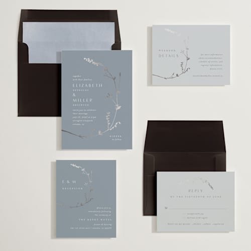 This is a frost foil stamped wedding invitations with foil pressed by Amy Kross called vine wrap printing on signature in standard