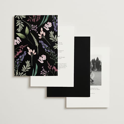 This is a midnight foil stamped wedding invitations with foil pressed by Susan Moyal called bold bouquet printing on signature in standard