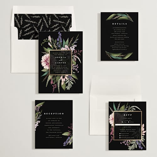 This is a midnight foil stamped wedding invitations with foil pressed by Susan Moyal called bold bouquet printing on signature in standard