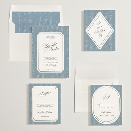 This is a ciel foil stamped wedding invitations with foil pressed by Studio Suku called moiré printing on signature in standard