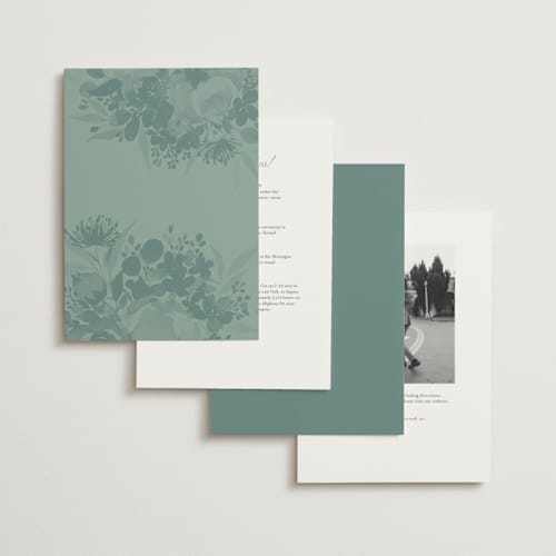 This is a sage foil stamped wedding invitations with foil pressed by Four Wet Feet Studio called happiness printing on signature in standard