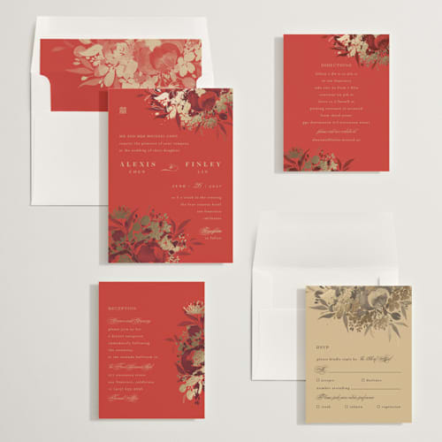 This is a cherry foil stamped wedding invitations with foil pressed by Shannon Chen of Four Wet Feet Studio called happiness printing on signature in standard