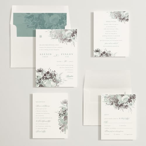 This is a sage foil stamped wedding invitations with foil pressed by Four Wet Feet Studio called happiness printing on signature in standard