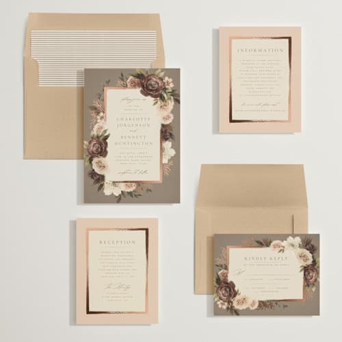 This is a rose foil stamped wedding invitations with foil pressed by Wildfield Paper Co called romantic frame printing on signature in standard