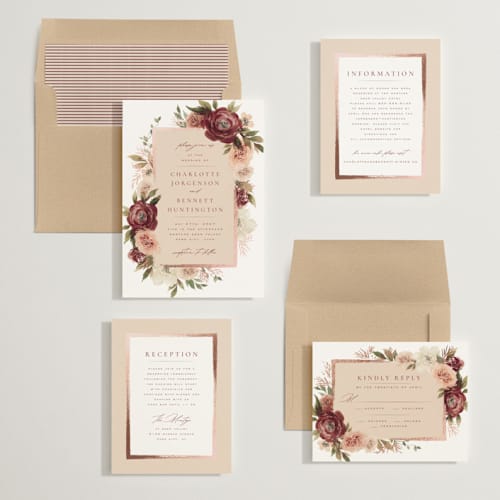 This is a peony foil stamped wedding invitations with foil pressed by Wildfield Paper Co called romantic frame printing on signature in standard