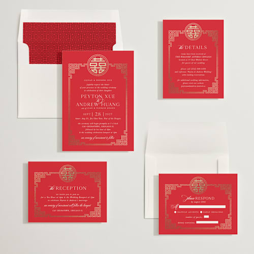 This is a ruby foil stamped wedding invitations with foil pressed by Melanie Kosuge called happiness x 2 printing on signature in standard