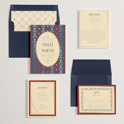 This is a navy foil stamped wedding invitations with foil pressed by Baumbirdy called woven printing on signature in standard