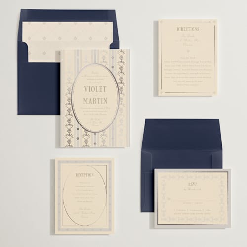 This is a champagne foil stamped wedding invitations with foil pressed by Baumbirdy called woven printing on signature in standard