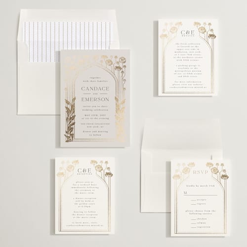 This is a snow foil stamped wedding invitations with foil pressed by Ana de Sousa called nouveau flowers printing on signature in standard