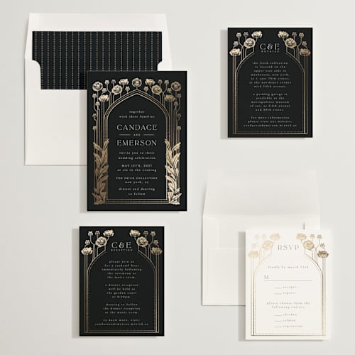 This is a onyx foil stamped wedding invitations with foil pressed by Ana de Sousa called nouveau flowers printing on signature in standard