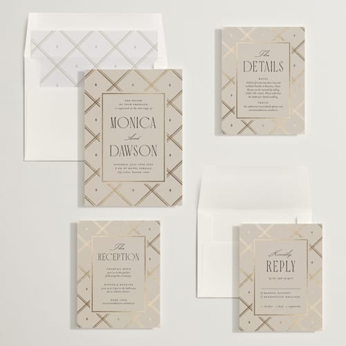 This is a champagne foil stamped wedding invitations with foil pressed by Kristin Oliversen called luxe lines printing on signature in standard
