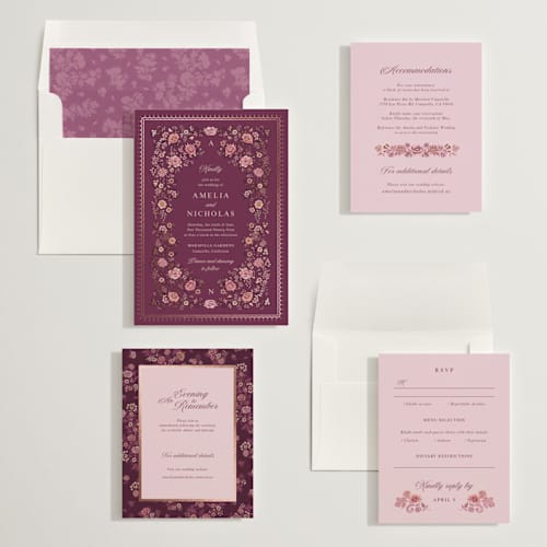 This is a mulberry foil stamped wedding invitations with foil pressed by Paola Benenati called blooming path printing on signature in standard