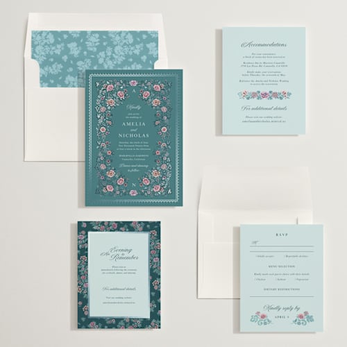 This is a ocean foil stamped wedding invitations with foil pressed by Paola Benenati called blooming path printing on signature in standard