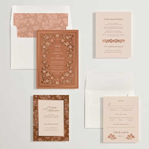 This is a sunset foil stamped wedding invitations with foil pressed by Paola Benenati called blooming path printing on signature in standard