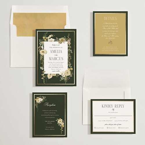 This is a gilded honey foil stamped wedding invitations with foil pressed by Susan Moyal called flourishing printing on signature in standard