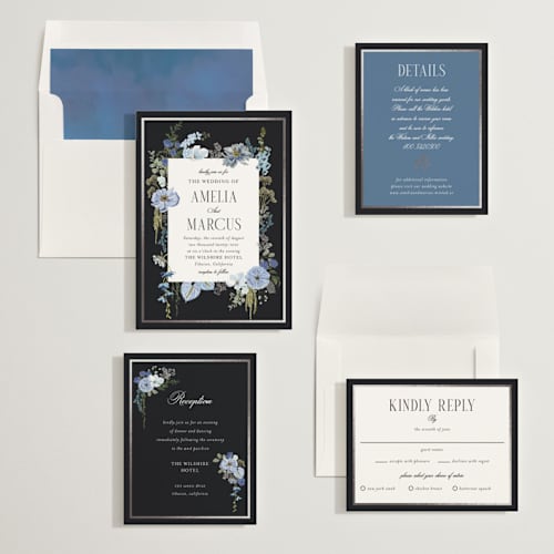 This is a ocean foil stamped wedding invitations with foil pressed by Susan Moyal called flouriishing printing on signature in standard
