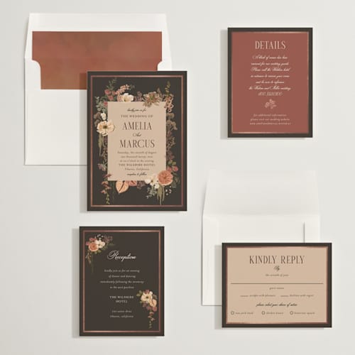 This is a autumn foil stamped wedding invitations with foil pressed by Susan Moyal called flouriishing printing on signature in standard