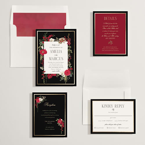 This is a crimson foil stamped wedding invitations with foil pressed by Susan Moyal called flourishing printing on signature in standard