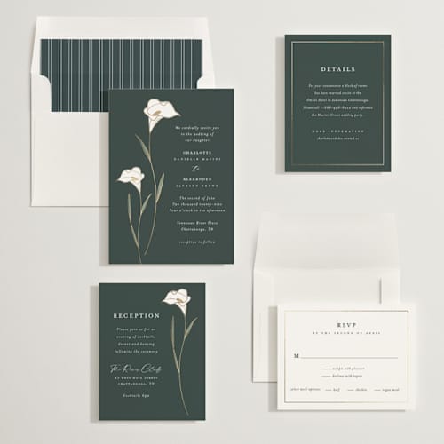 This is a forest foil stamped wedding invitations with foil pressed by Stacey Meacham called elegant lillies printing on signature in standard