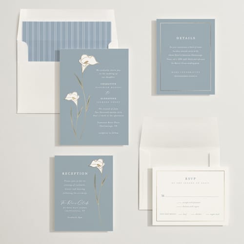 This is a dusty blue foil stamped wedding invitations with foil pressed by Stacey Meacham called elegant lillies printing on signature in standard