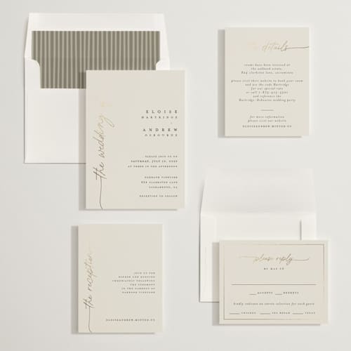 This is a linen foil stamped wedding invitations with foil pressed by Pippa Shaw called silk printing on signature in standard