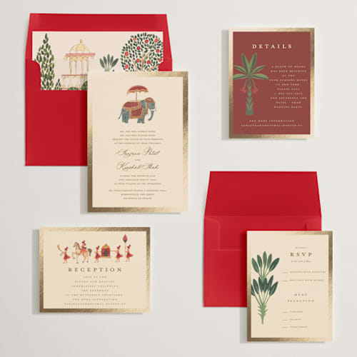 This is a honey foil stamped wedding invitations with foil pressed by Teju Reval called indian elephant printing on signature in standard
