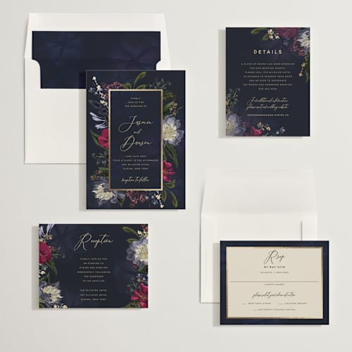 This is a jewel foil stamped wedding invitations with foil pressed by Susan Moyal called after midnight printing on signature in standard