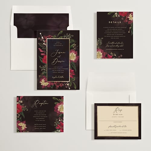 This is a merlot foil stamped wedding invitations with foil pressed by Susan Moyal called after midnight printing on signature in standard